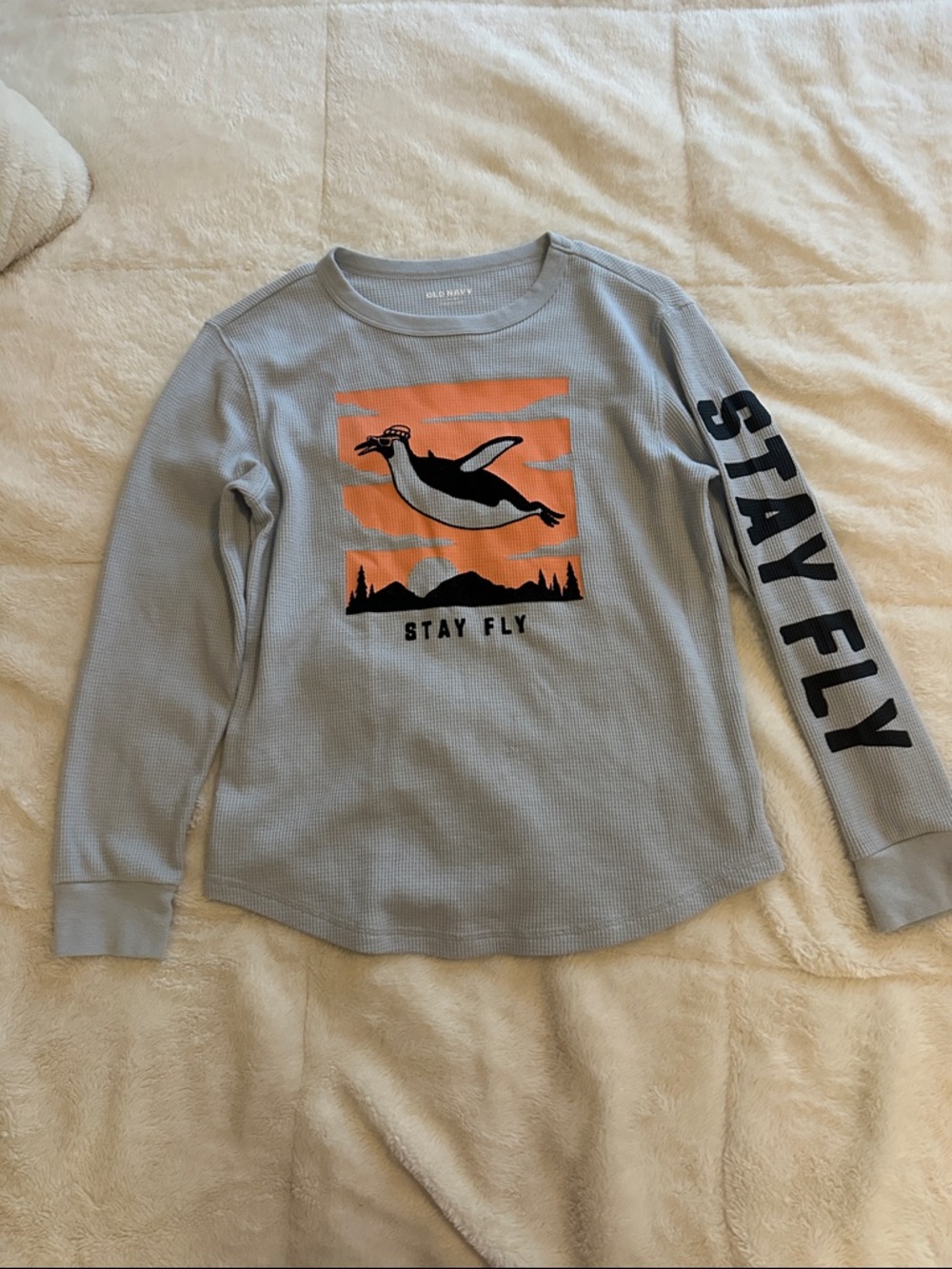 Old Navy Grey Long-Sleeve Tee with Orange & Black Penguin Graphic
